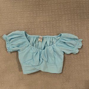 Blue Puffy-Sleeve Cropped Shirt